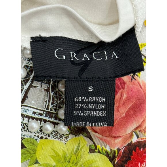 Gracia Womens Top Puff Sleeve White Paris Eiffel Tower Floral Embroidered Size S - Picture 5 of 8